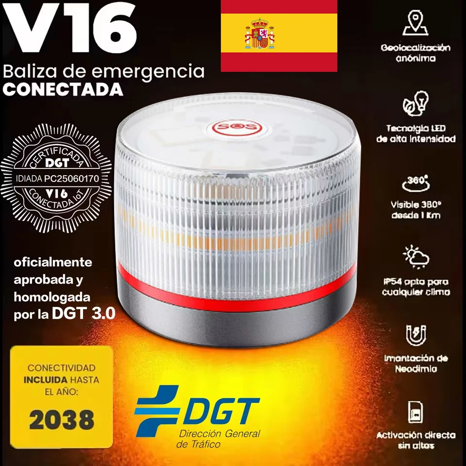 

V16 Geographic Positioning DGT 3.0, GPS, сертифицированный испанским департаментом транспорта, SIM-карта и пакет данных действуют до 2038 года.