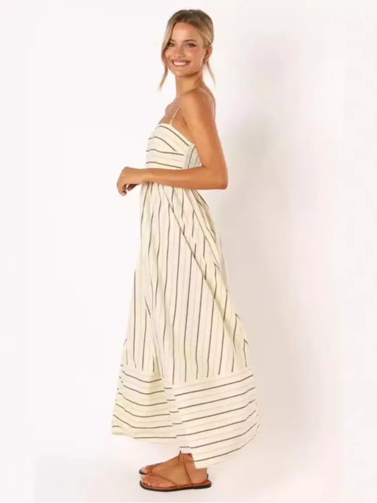 エレガントなストライプマキシロングドレス夏の女性スパゲッティストラップフリルバックレスプリーツ弾性ウエスト自由奔放に生きるパーティースイングル​​ーズドレス