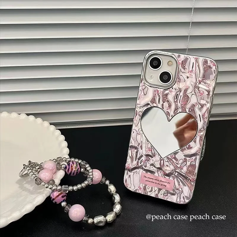 Folded Love Makeup Mirror Pink Shell for iPhone 15 Pro 14 Pro Max 13 12 11 Electroplated Drop Protection Case with Hanging Strap