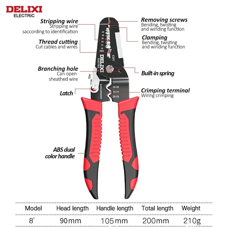 DELIXI ELECTRIC Wire Stripping Pliers Wire Pressing Pliers Wire Cutting Pliers 8-inch Multifunctional Pliers for Electrician.