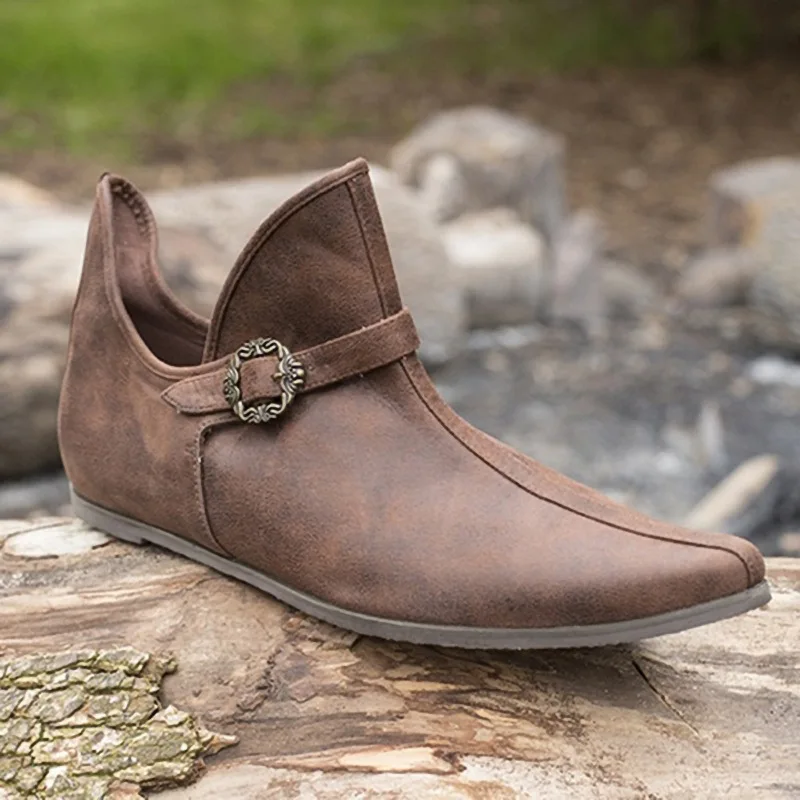 Vintage Braune Schnallen-Lederstiefel, Kurze Flache Stiefel, Unisex, Renaissance Mittelalterliche Ritter-, Prinzen-, Piraten-Schuhe, Gothic Cosplay Schuhe – Detail 5