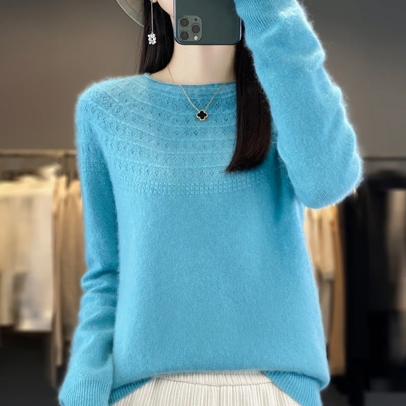 100% merino wool first-line ready-made garments in autumn and winter hollow women's pullover curled O-neck cashmere sweater