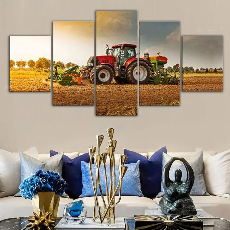 

5 Panels Canvas Wall Arts Poster Painting Artwork Red Tractor Harvester On Farm Picture Print Home Decor Wallpaper Living Room