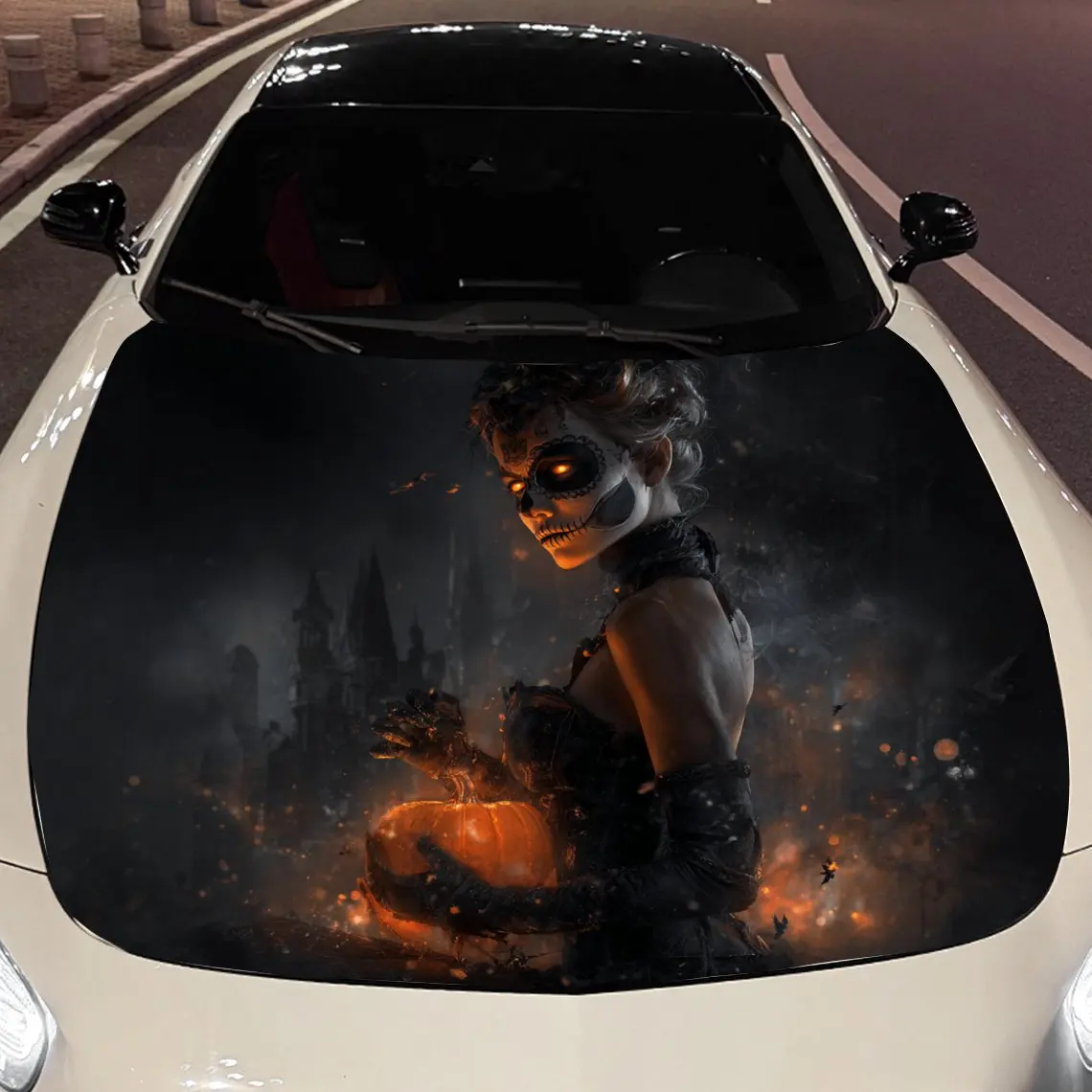 Woman with Halloween Makeup Holding Pumpkin Lantern Car Vinyl Wrap, PVC Material Waterproof Car Hood Sticker, Self-Adhesive Scra