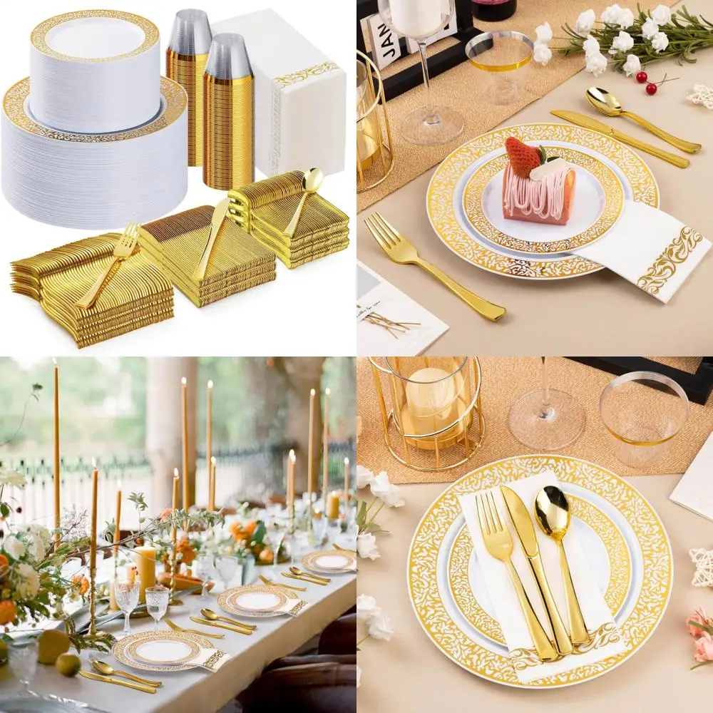 

Набор одноразовой золотой посуды для 100 гостей — 100 обеденных тарелок и 100 десертных тарелок для вечеринок
