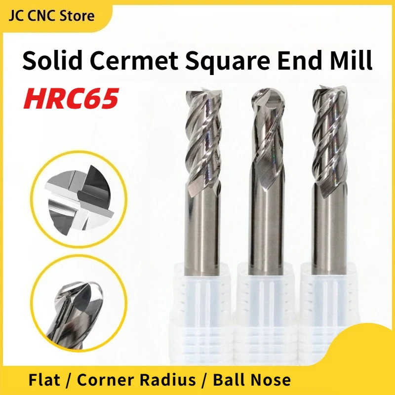 HRC65 Solid Cermet End Mill Uncoated, Flat Square / Corner Radius / Ball Nose CNC Milling Cutter Metal Ceramic Super Hard Tool