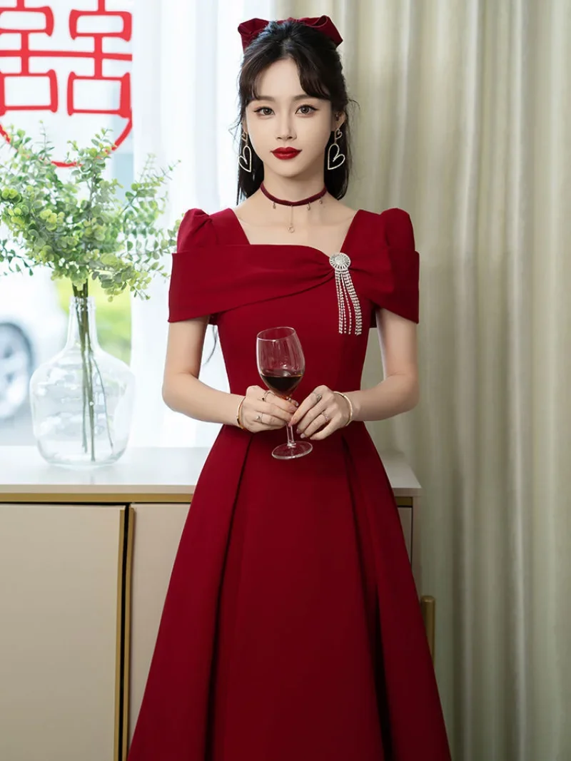Temperament Robe Women\'s Solid Color Spring Summer New Square Collar Long Sleeve  A-line Long Dresses Fashion Female Vestidos