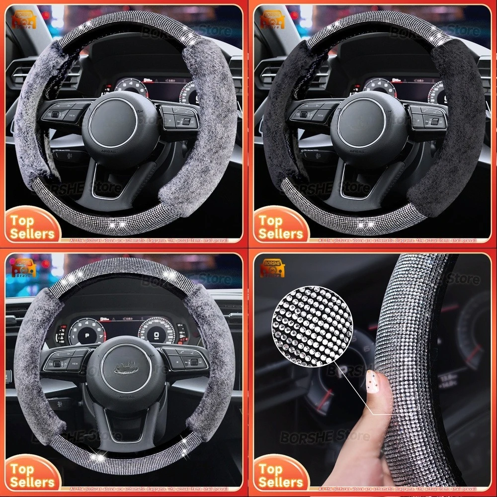 

2026 плюшевый чехол на руль с акцентами со стразами, подходит для моделей автомобилей, мягкий теплый зимний аксессуар, милый сшитый бриллиантами