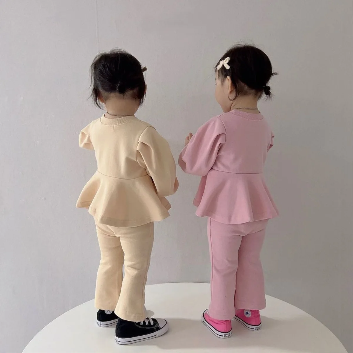 2024 Spring Girl Baby Solid Casual Puff Sleeves Tops + Flared Pants 2pcs Fashion Cotton Children Sweatshirt Suit Kids Tracksuit