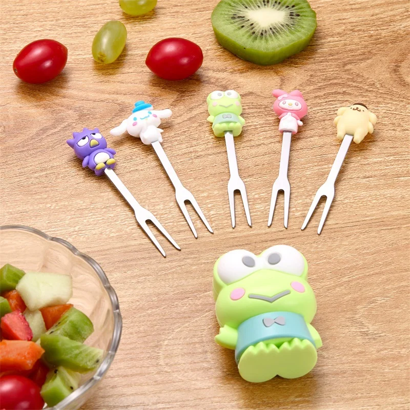 Silicone Fruit Forks with Big Eye Frog Base, Cute Doll Handle, Stainless Steel, Mini Picnic Fruit Sticks, Home Desk Decor, 5Pcs