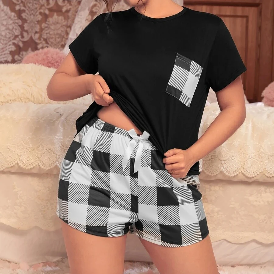 Plus Size XL-5XL Oversized Sleepwear Women\'s Pajamas Set Short Sleeve T-shirt with Plaid Print Shorts Set Outwear Loungwear Pjs