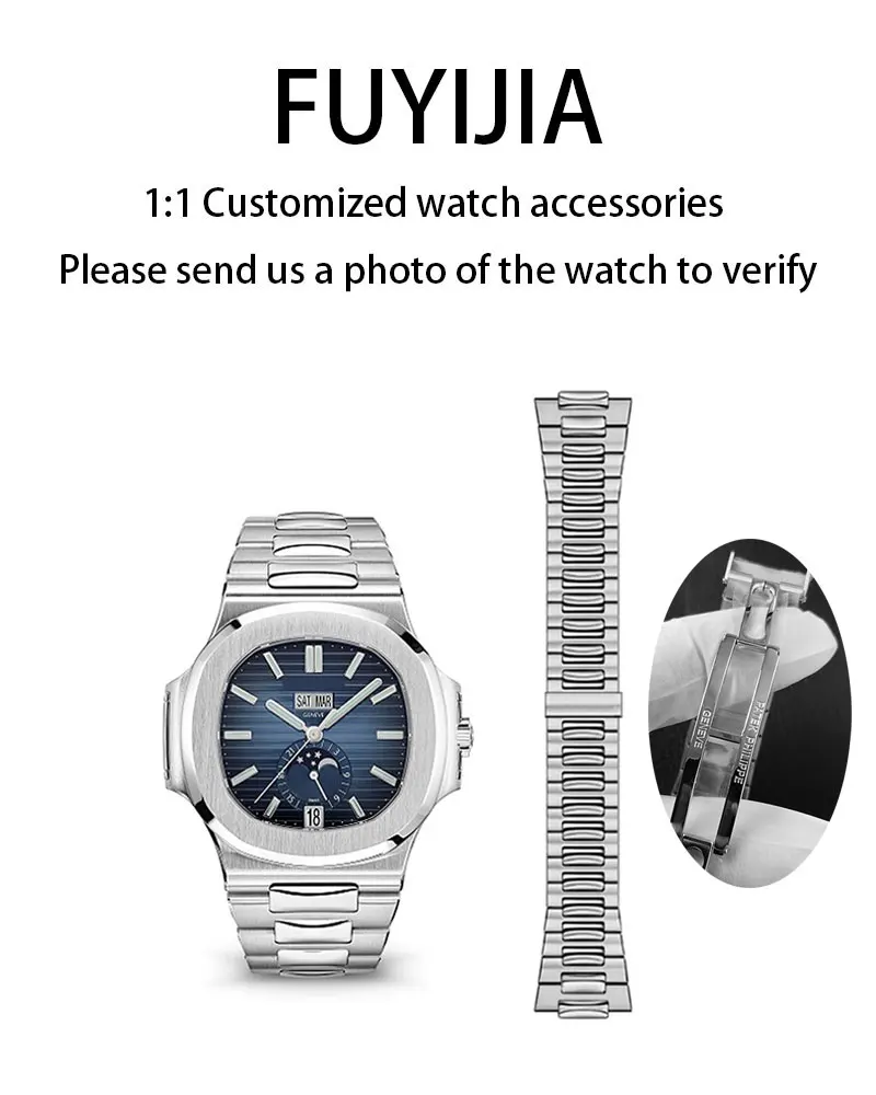 

FUYIJIA Male Custom NAUTILUS 5711 Old Original Watchbands 25mm Convex 13mm Strap 316L Stainless Steel Butterfly Buckle Bracelet