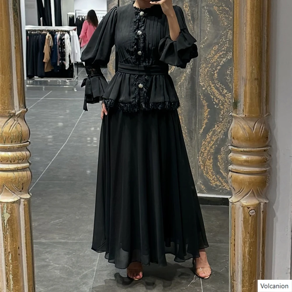 

Customized A-line Evening Dresses Ankle-length O-neck Full Sleeve Prom Gown Fashion Crystal Pleat Simple Draped Party Gown