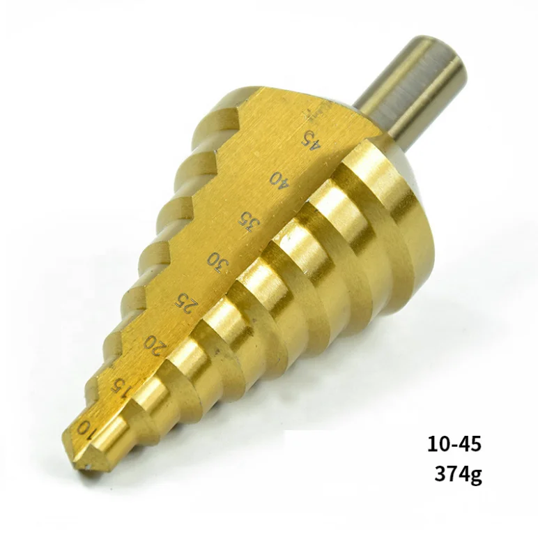 

10-45mm Three-Flat Shank Gold color HSS Step Drill Bit with Titanium coating