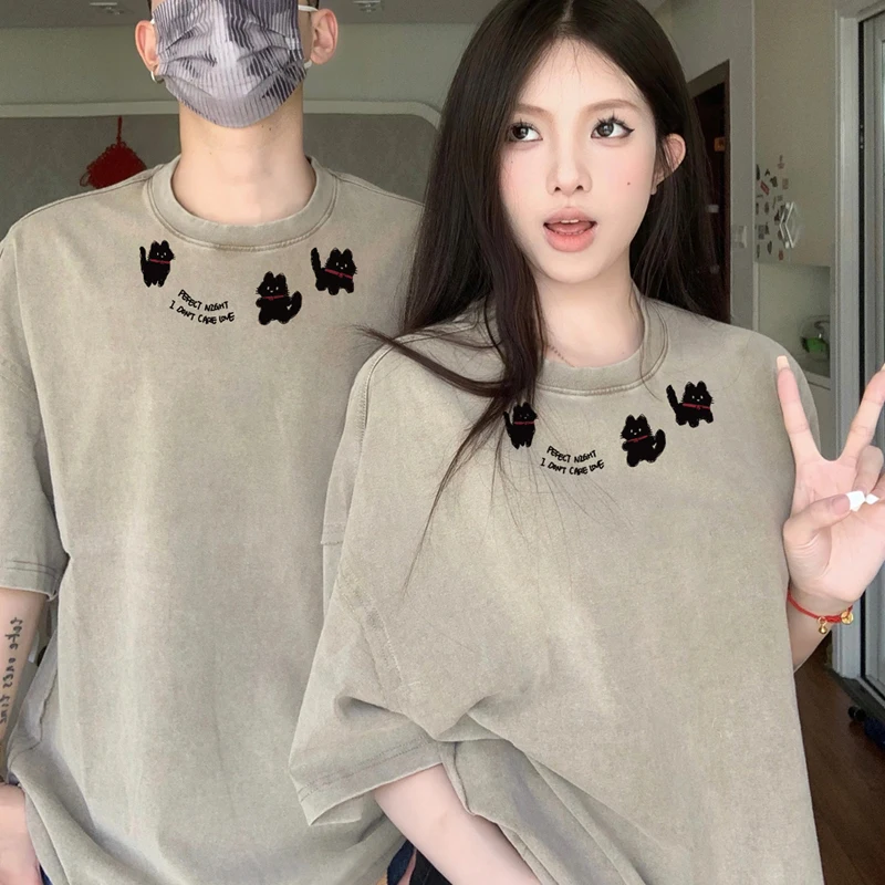 Couple clothes 2024 New Cute Kitten Neckline Design Pattern Summer Loose Casual T-shirt