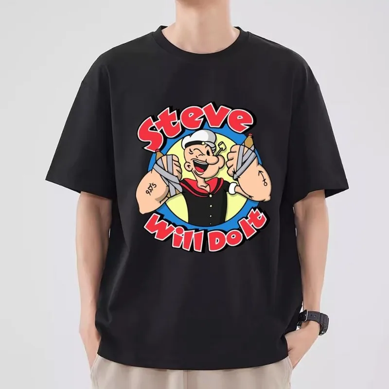 P-Popeye Cartoon T Shirt Men Couple Combination Clothes Short Sleeve Collar Fashion T-shirt Women Cotton