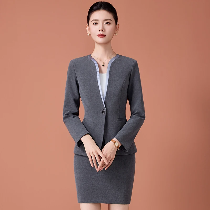 ชุดสูทสีน้ำเงินกรมท่าสำหรับผู้หญิง NAVIU แฟชั่นใหม่ สไตล์ธุรกิจ คอวี แขนยาว ทรงเข้ารูป พร้อมกางเกง ชุดทำงานสำหรับสุภาพสตรี