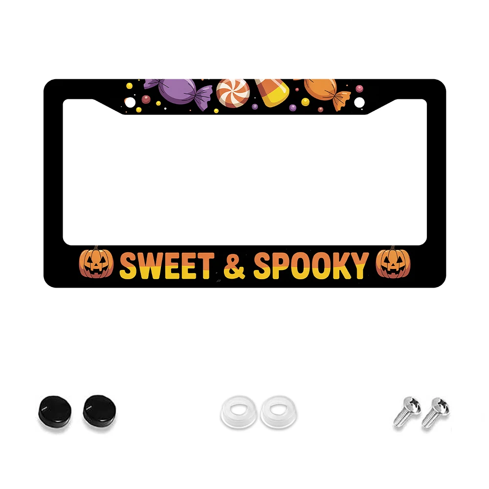 

1pc Black Color Sweet & Spooky Pattern 2 Hole License Plate Frame, Aluminum Material, 6x12 Inches, with Screw Kit, Retro Novelt