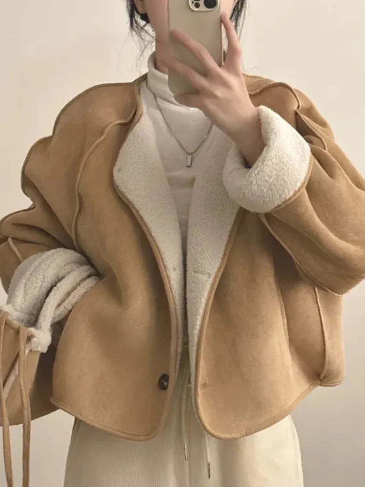 Chic Herbst Winter Thiened Warm Lammfell Jaet Damen Faion Simple Sli Inteated Leder und Pelzmantel mit Tasche