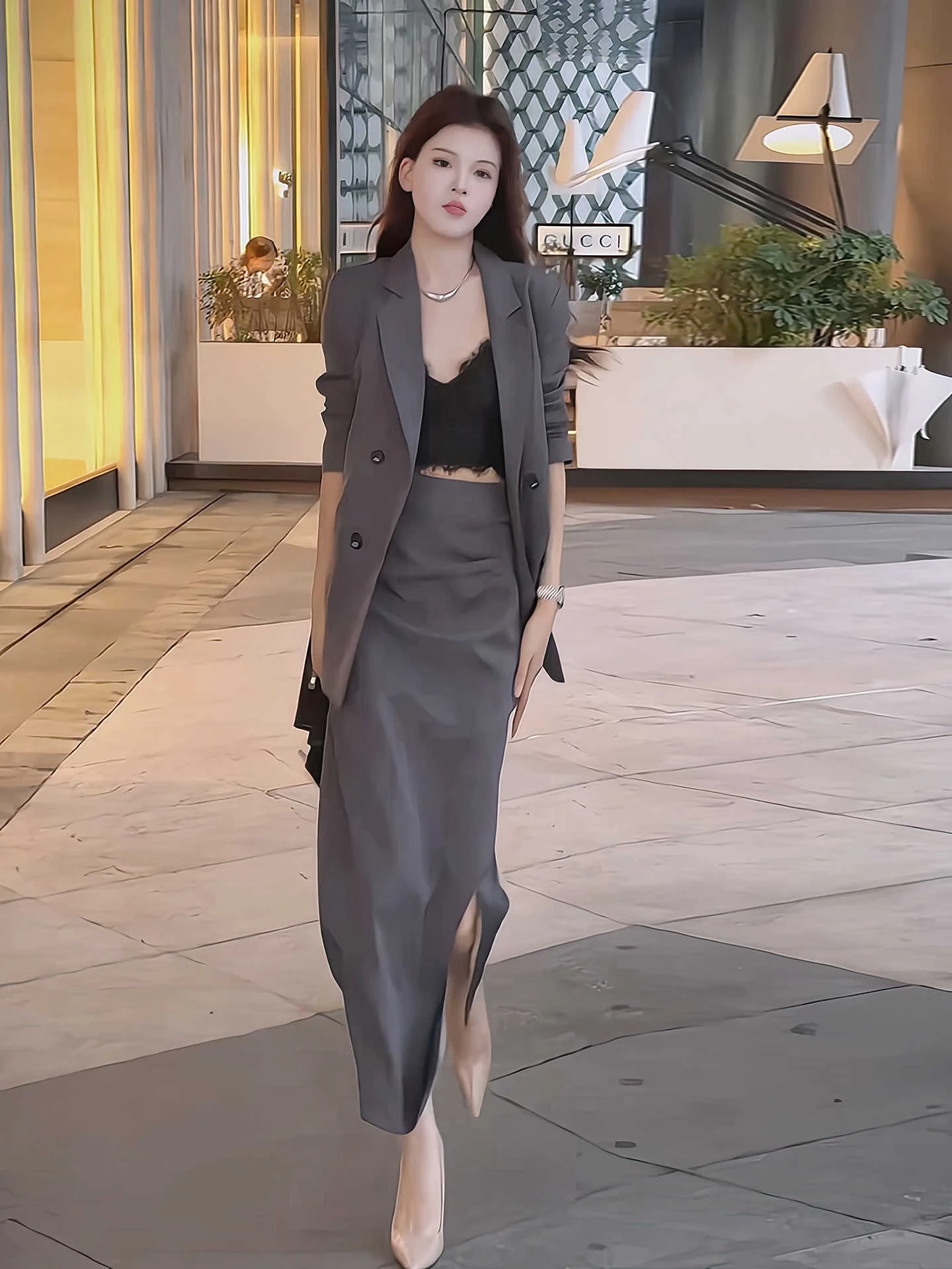 

Ele Commute Suit Women's Tailored And Split Skirt Two-Piece Winter Faion Korean Sle Long Sve Button up