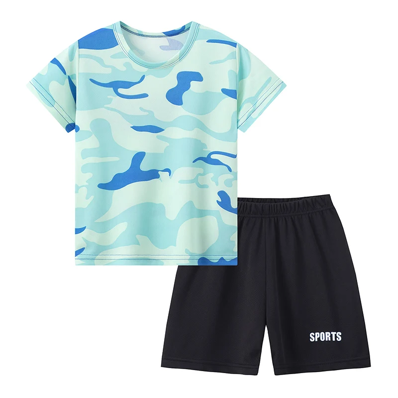 2-Piece Children's Short-sleeved Shorts Camouflage Quick-drying Suit Boy Breathable Mesh Sports Shirt Girl Joker Running Pants