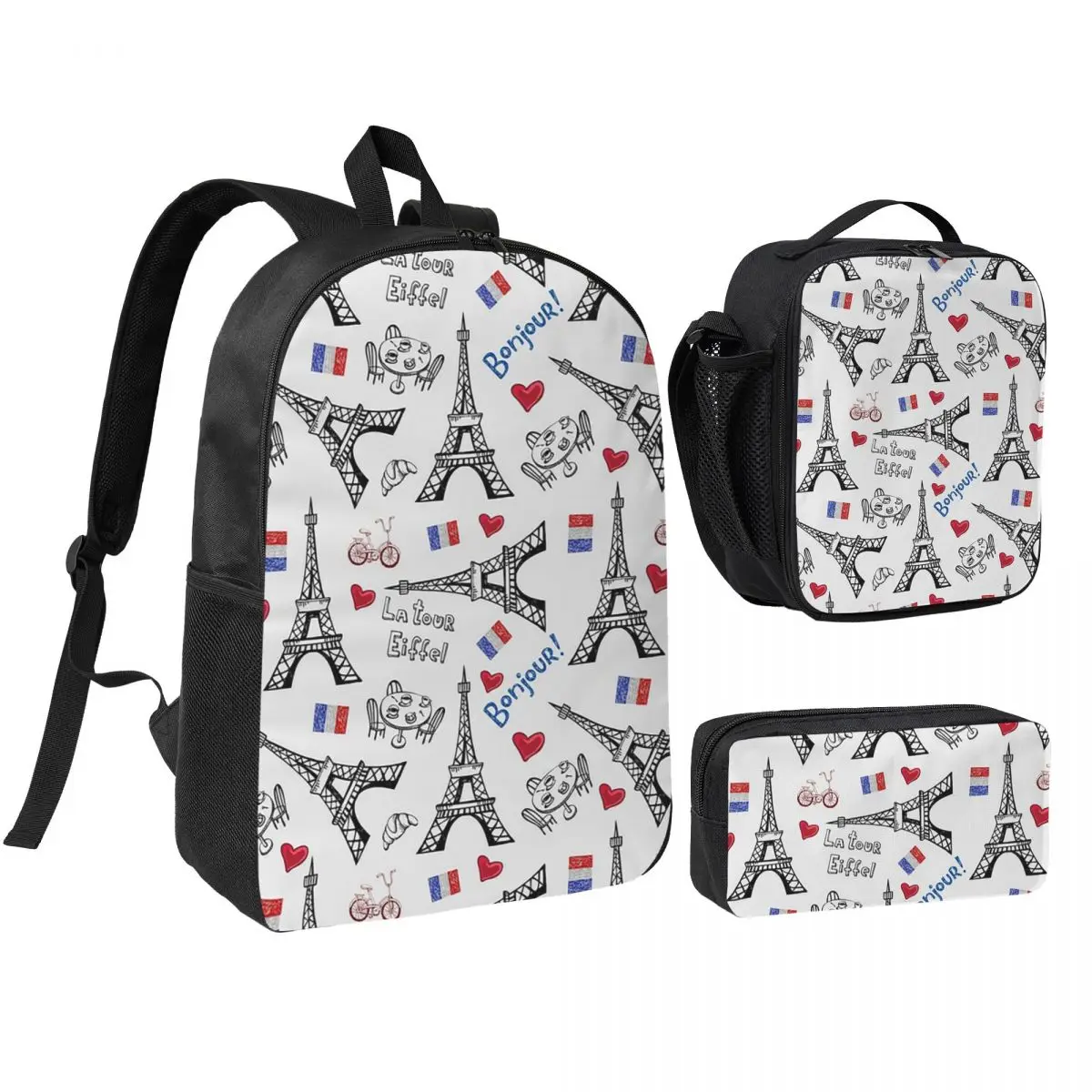 

Addicted To Paris France Backpack Student BookBag School Bag Shoulder Bags 3ps Insulated Lunch Bag Pencil Case