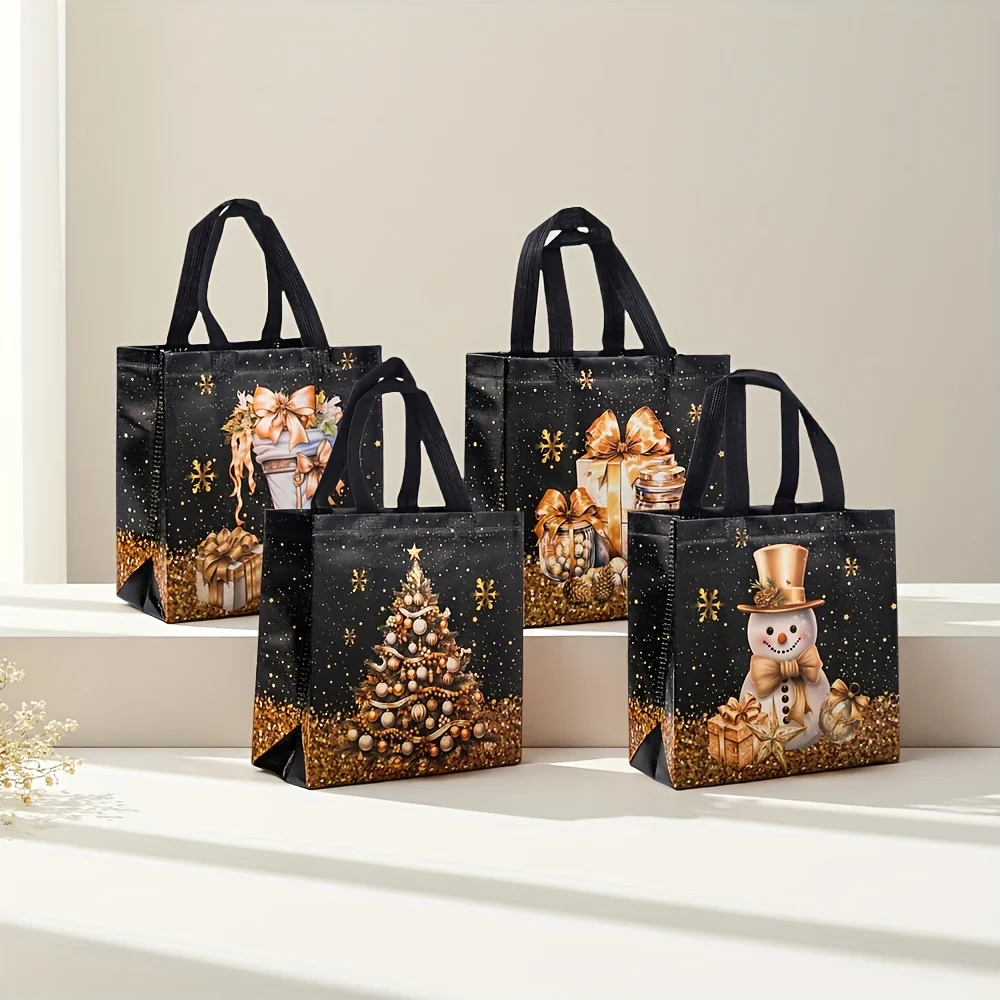 12/20 Stück festliche Weihnachtsgeschenktüten – Schneemann-, Baum- und Strumpfdesign, schwarz und golden mit Griffen, Weihnachtsgeschenktüten – Detail 2