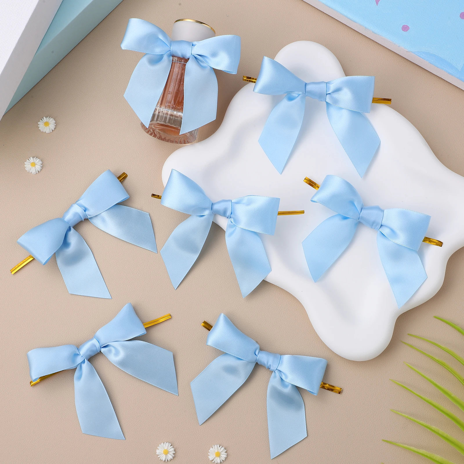 

50 Pieces Bows For Crafts Blue Ribbon Baking Bag Tie Small Craft Baking Sealing Bowknot Luxury Twist Tie Bows DIY