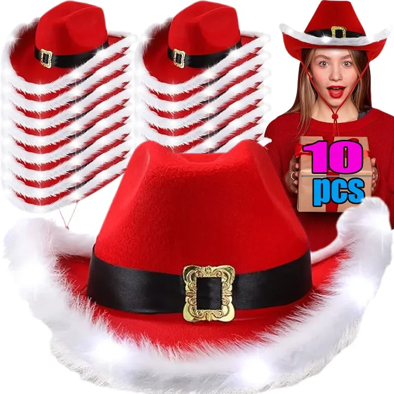 Christmas Party Cowboy Hat Winter Red Felt Feather Hats Adjustable Belts Santa Claus Cap New Year Cosplay Costume Jazz Caps