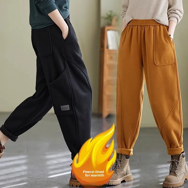 

Thiened Fce Lined Knitted Sweatpants Women Autumn Winter Loose Wide Hip High Waist Slimming Concealing Warmth Harlan Car...