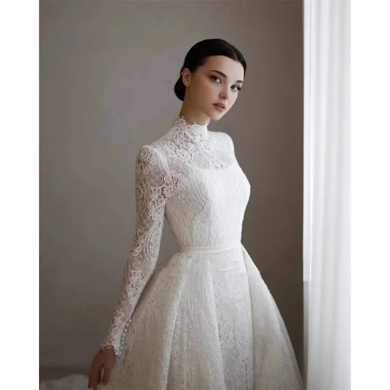 Angepasst Spitze A-linie Brautkleider Bodenlangen Volle Ärmel Braut Kleider High Neck Zipper Zurück Schärpen vestidos de novia