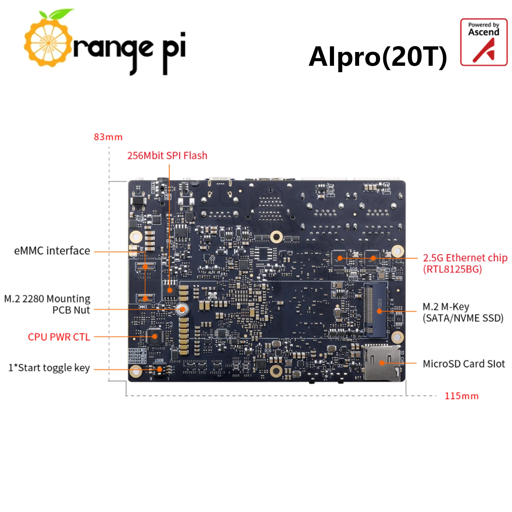 OrangePi AIpro (20T) 20TOPS Computility 12/24GB Ascend AI Placa de desarrollo DaVinciV300 AI core Sistema OpenEuler