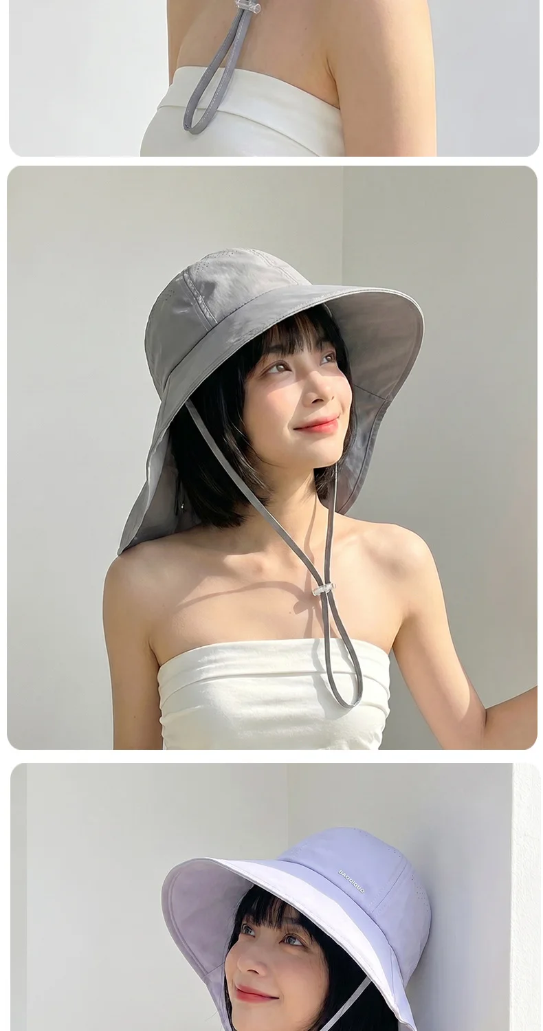 HOT Damen-Sonnenhut, schnelltrocknend, UV-Schutz, Fischerhut, breite Krempe, Bucket Hat mit Nackenschutz, Wanderhut, Sonnenschutzkappe – Detail 12