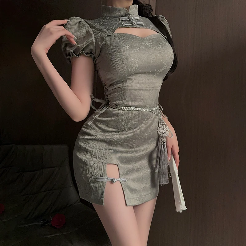 

Chinese Dress Cheongsams Women Sexy Lingerie Temptation Clothing China Style Side Slit Hollow Qipao Uniform Nightclub Costumes