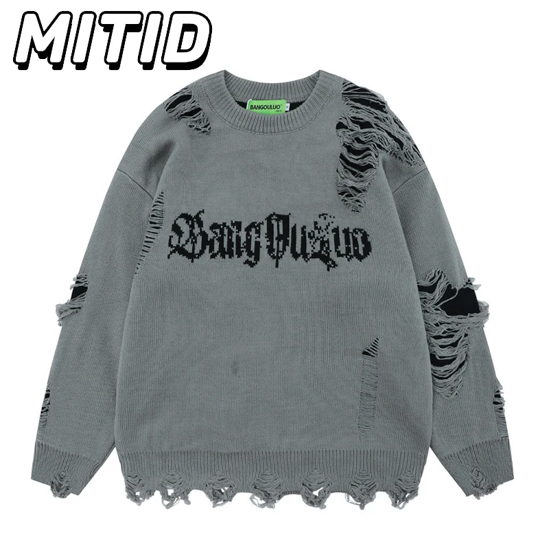 

Мужской свитер с круглым вырезом, вязаный, осенне-зимний, с жаккардовым узором, рваным краем и надписями, оверсайз