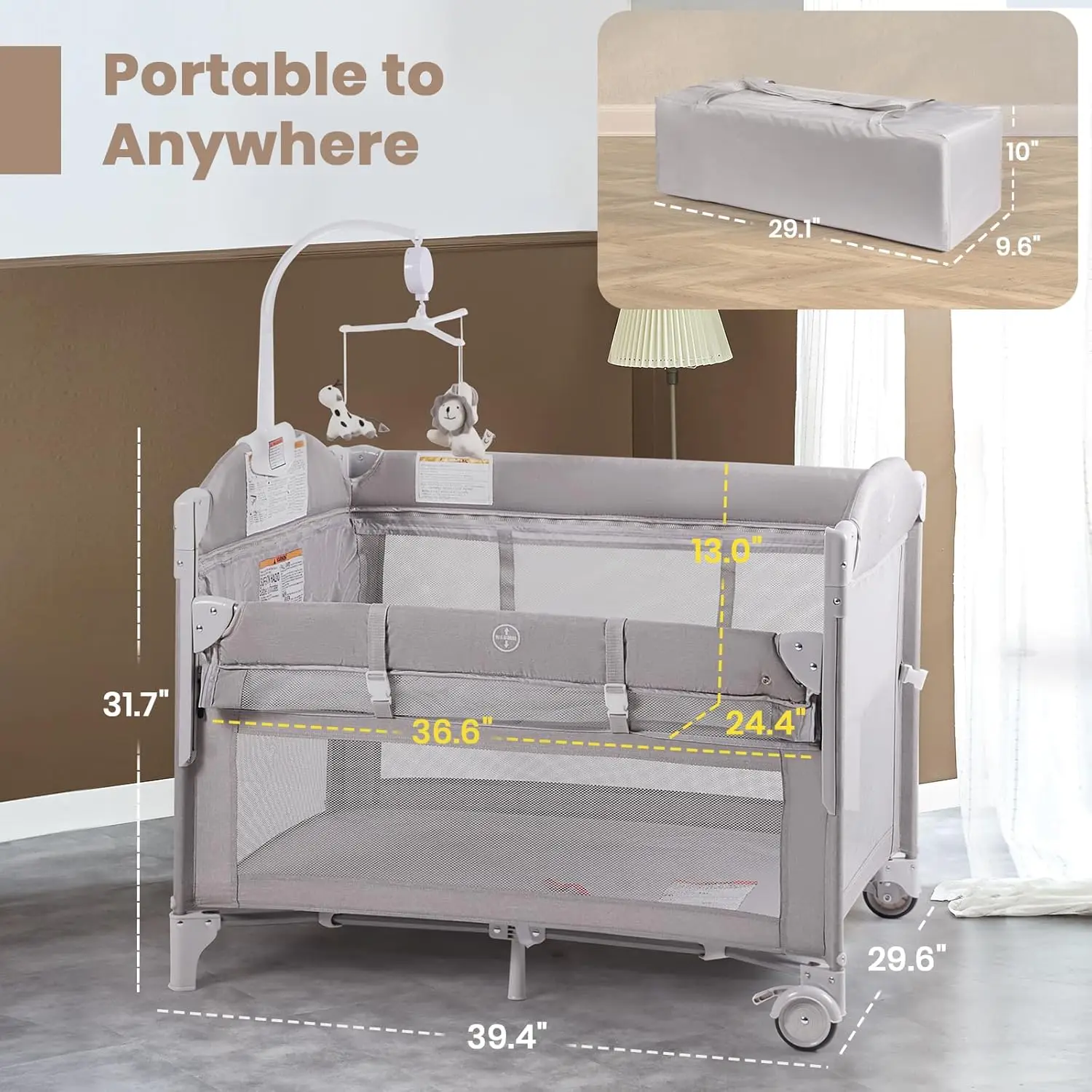 سرير أطفال بجانب السرير، 4 في 1 سرير محمول بجانب السرير مع مرتبة، مغير الحفاضات، سلة تخزين، صندوق تشغيل الموسيقى، شحن مجاني #1