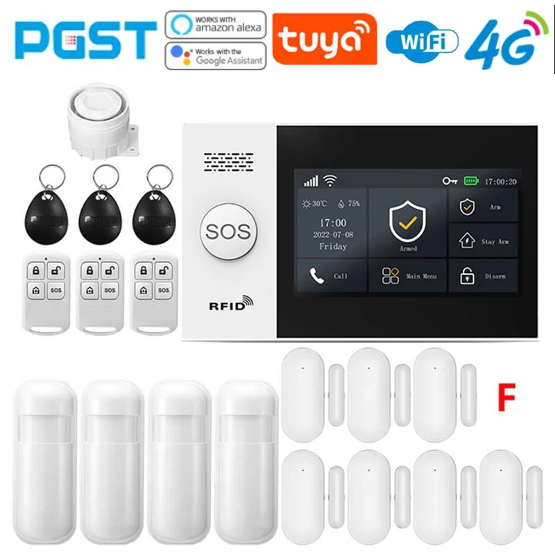 

PGST PG-107 4G Tuya Wireless Home WIFI GSM Home Security With Motion Detector Sensor Burglar Alarm System Support Alexa & Google