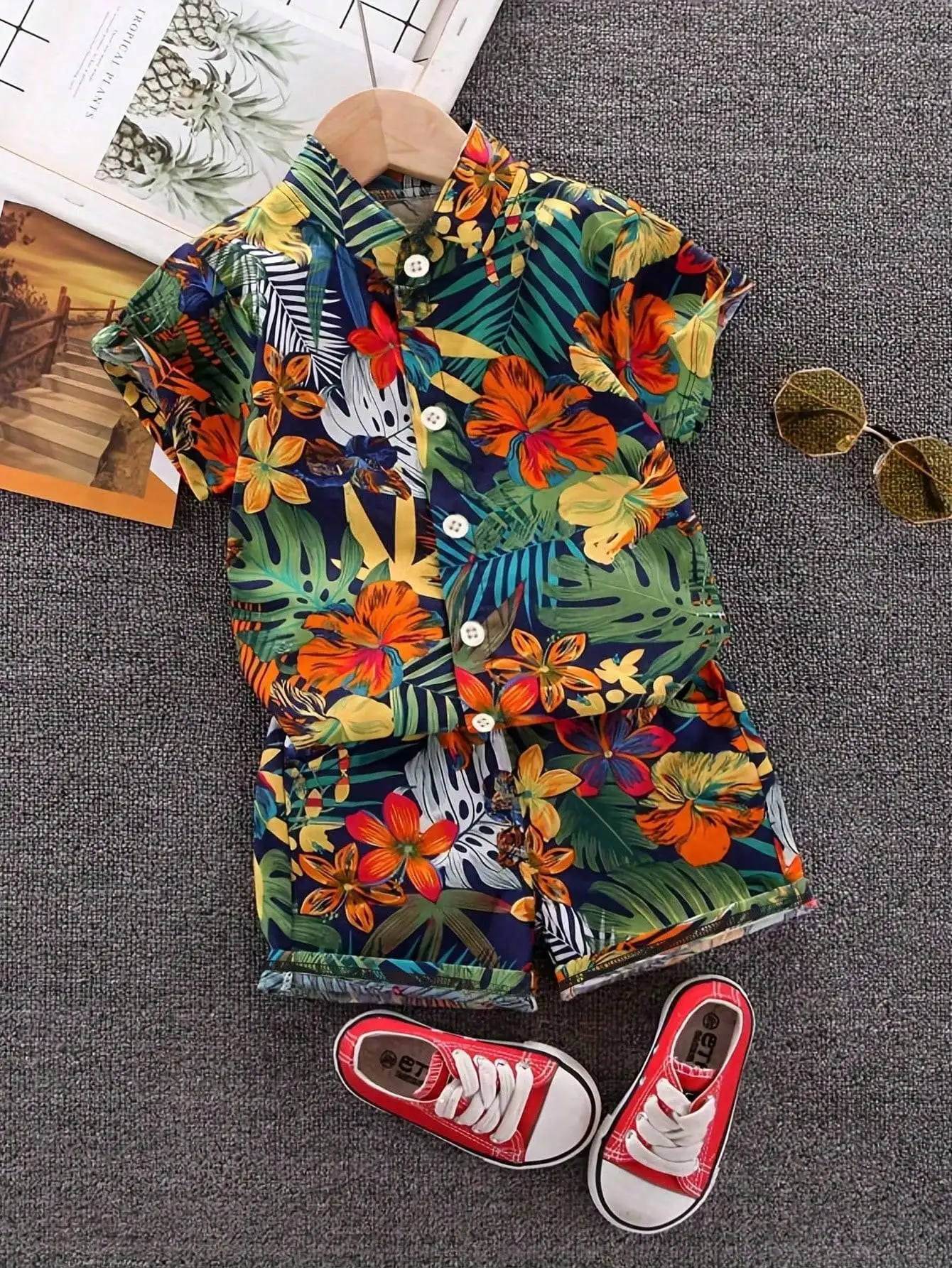 Children's summer full-print tropical leaf and flower stand collar short-sleeved shirt and shorts set