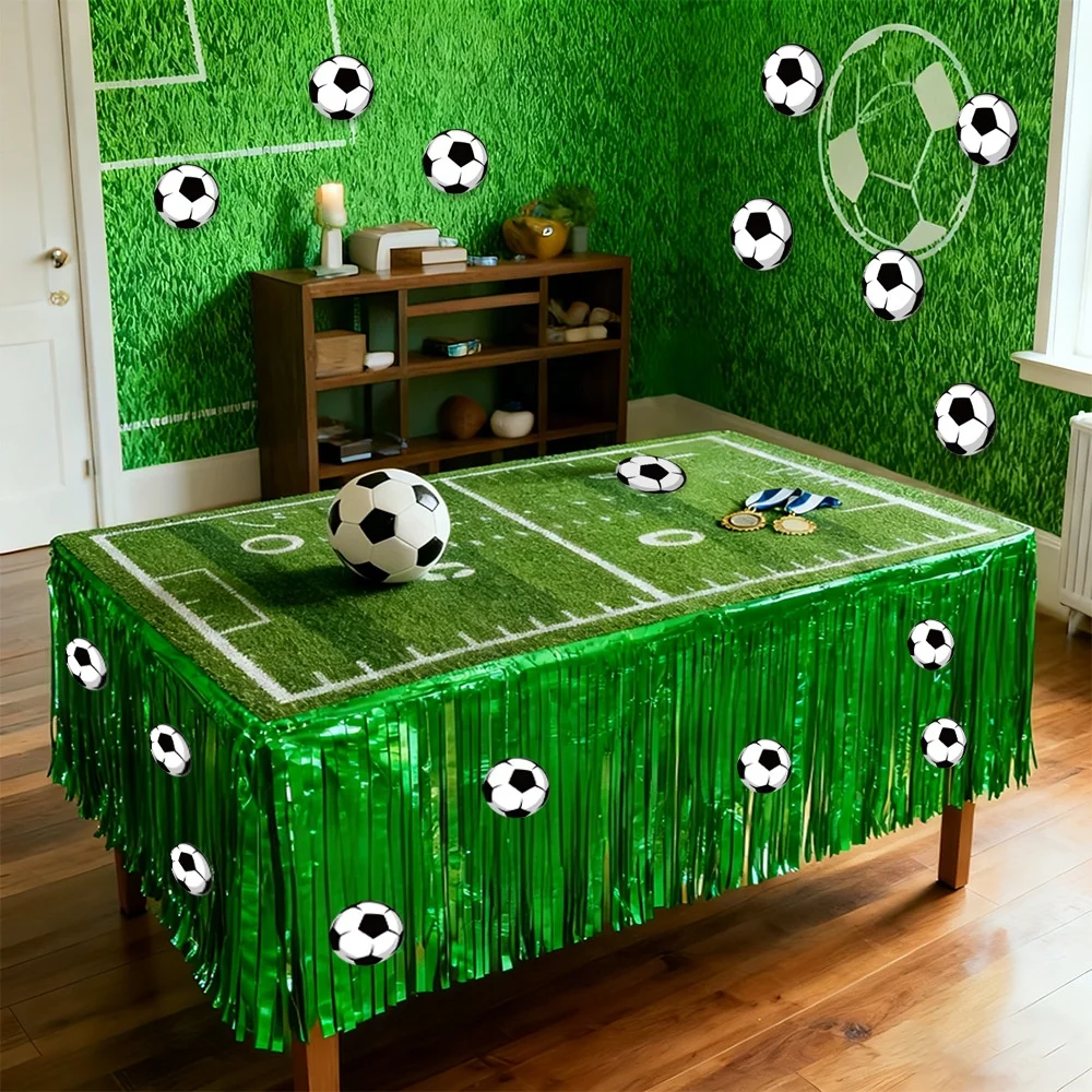 Paquete de Falda de Mesa Verde Metalizada y 10 Pegatinas de Fútbol para Decoración Deportiva en Fiestas de Cumpleaños, Días de Juego y Celebraciones