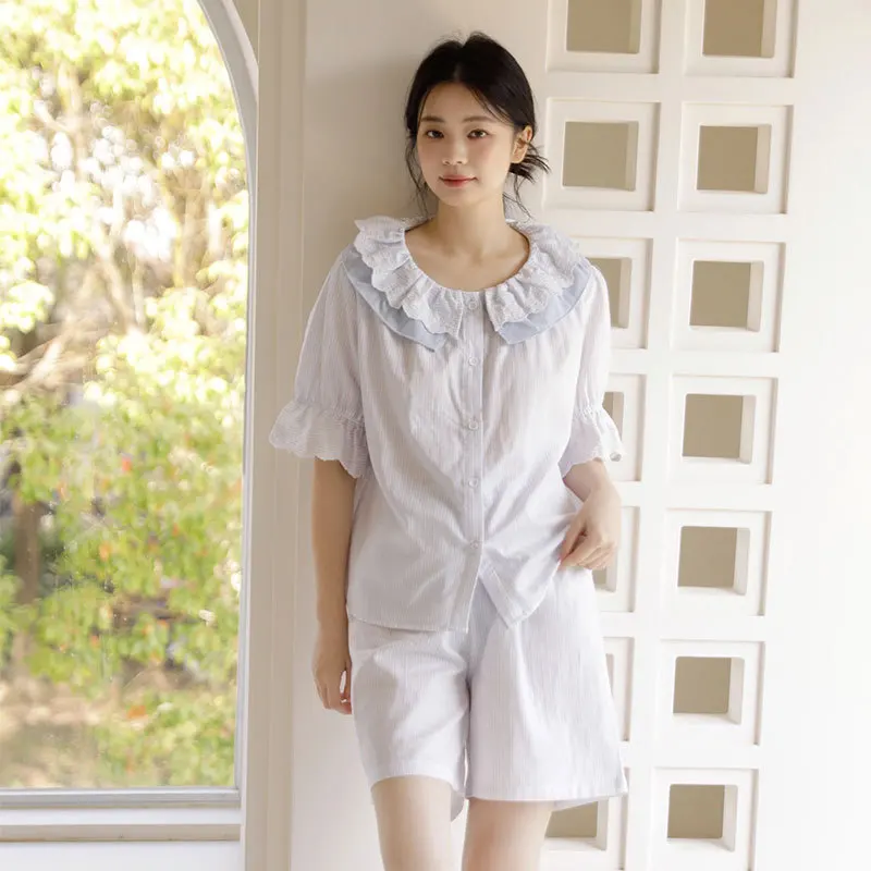 Women's 100% Cotton Double-layer Gauze Pajama Set, Ruffled Peter Pan Collar Striped Short Sleeve Top & Shorts Summer Loungewear