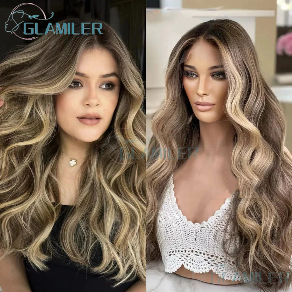 Ash Blonde Highlights Transparent Lace Frontal Human Hair Wig 13x6 Body Wave Brazilian Wigs 5x5 Silk Top Closure Wigs Dark Roots