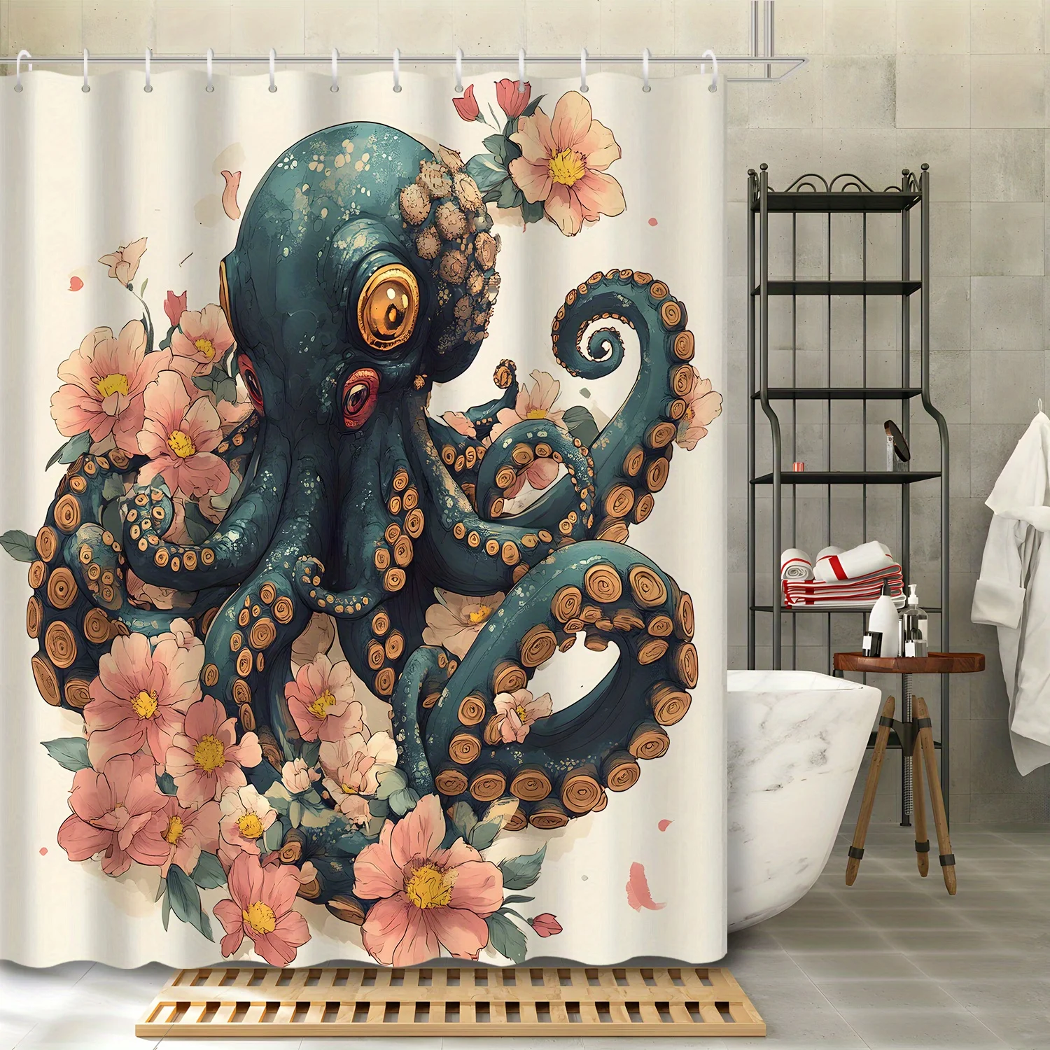 

1pc vintage watercolor cartoon giant octopus shower curtain partition, including 12 hook curtains, bathroom decoration