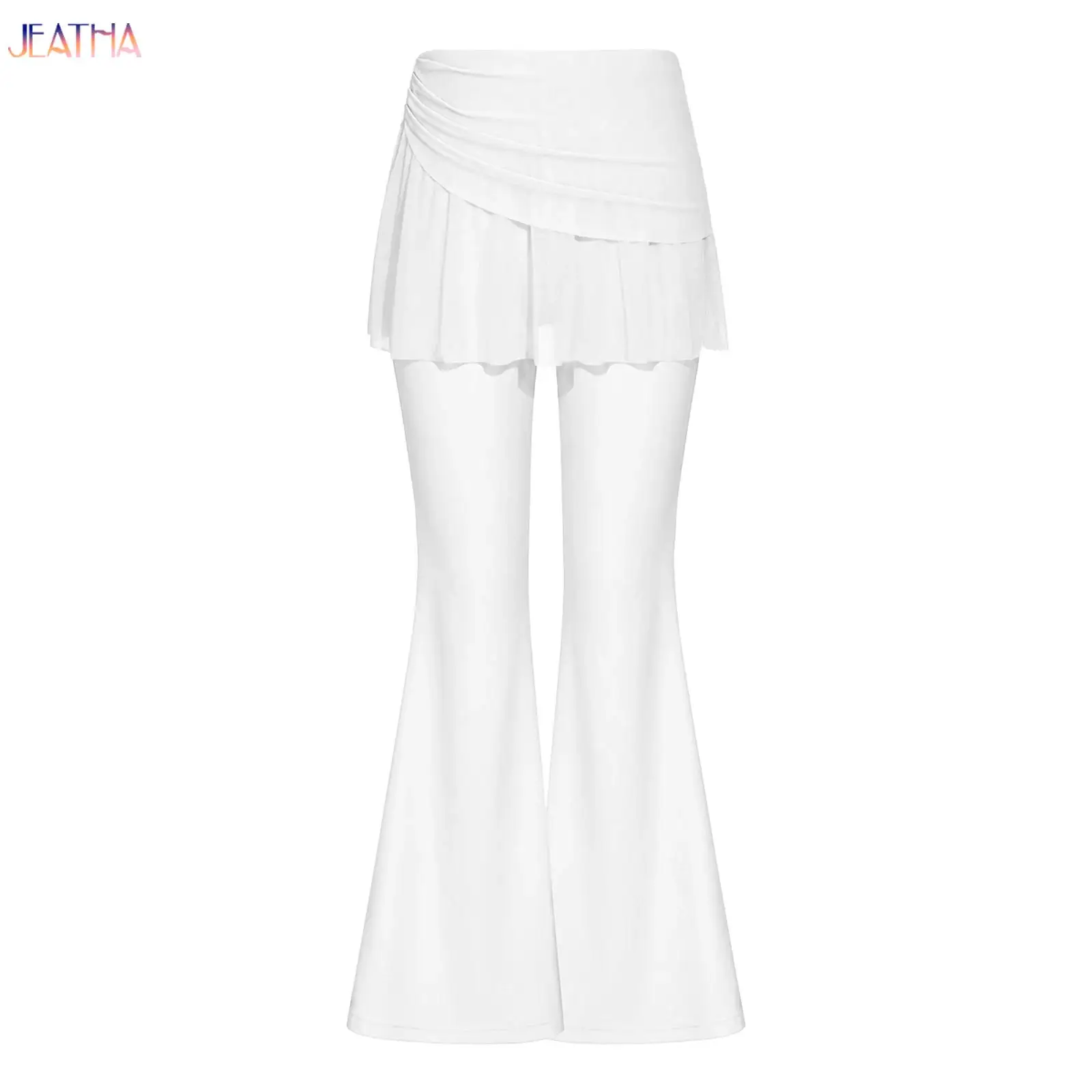 Kids Girls Flared Pantskirt Ballet Lyrical Dance Pants Elastic Waist Bell-bottom Pants with Ruched Mesh Skirt Ballerina Bottoms