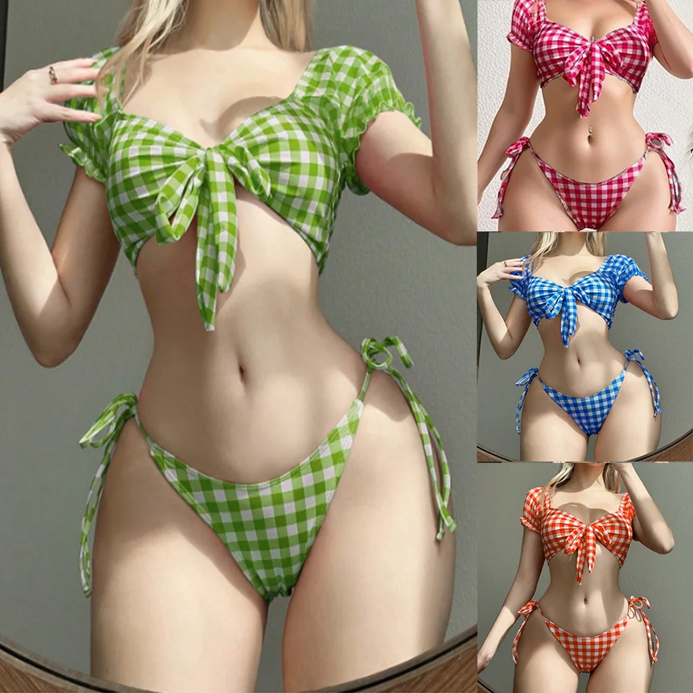 

2025 Summer New Fresh Checkered Printed Women Split Swimsuit Sexy Strap Female Beach Resort Bikini Sets