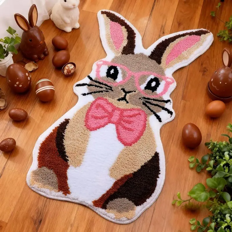 VIKAMA Easter Wearing Glasses, Tie, Rabbit Shaped Plush Carpet, Entrance Bathroom, Living Room, Cute Cartoon Home Floor Mat