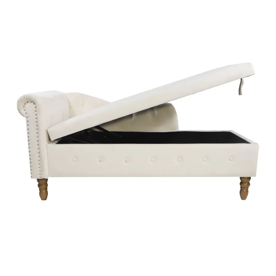 Beige Chaise Lounge Indoor Velvet Lounge Chair for Bedroom with Storage and Pillow Modern Upholstered Rolled Arm Chase Lounge f
