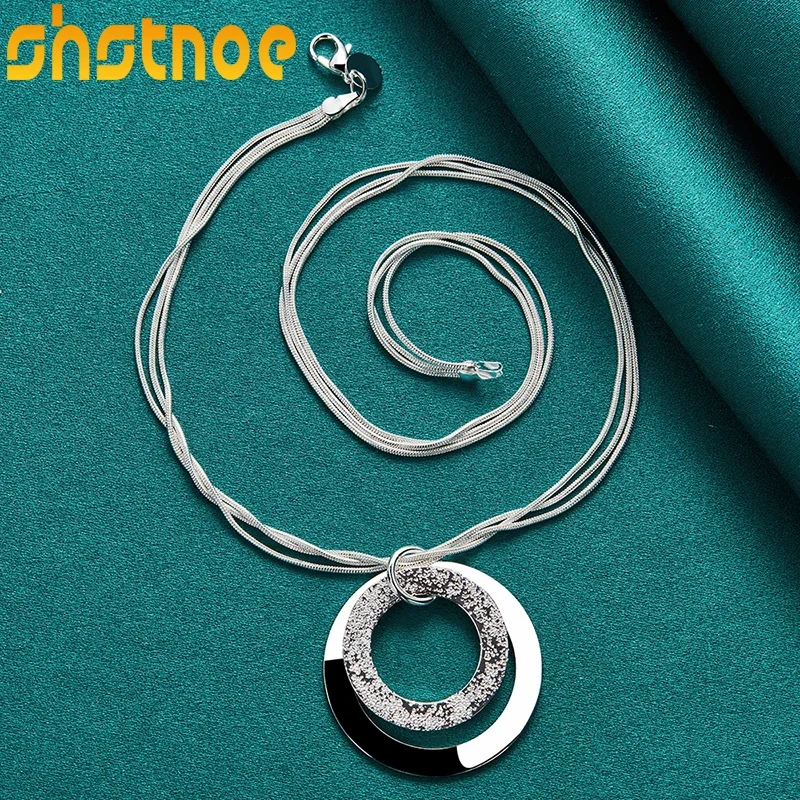 SHSTONE 925 Sterling Silver Frosted Circle Pendant Necklace For Women Engagement Wedding Fashion Jewelry Neck Chain Gifts