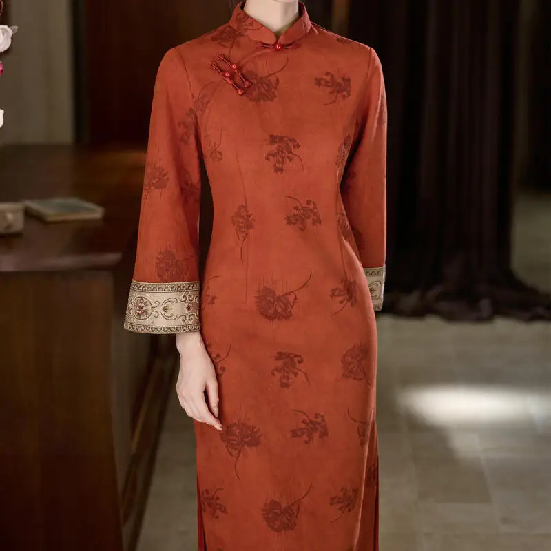 Improved New Chinese Style Dress Women Elegant Qipao Dress Suede Print Chesongam Flare Sleeve Hanfu Dress Lautumn Ong Vestidos