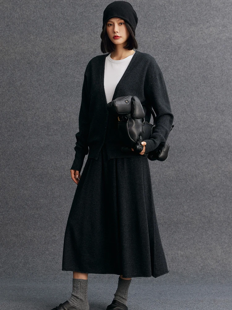 TLOML 여성 100% 캐시미어 스웨터 슈트 브이넥 가디건 롱 스커트 와이드 레그 팬츠 가을 겨울 부드럽고 따뜻한 캐시미어 니트웨어 슈트