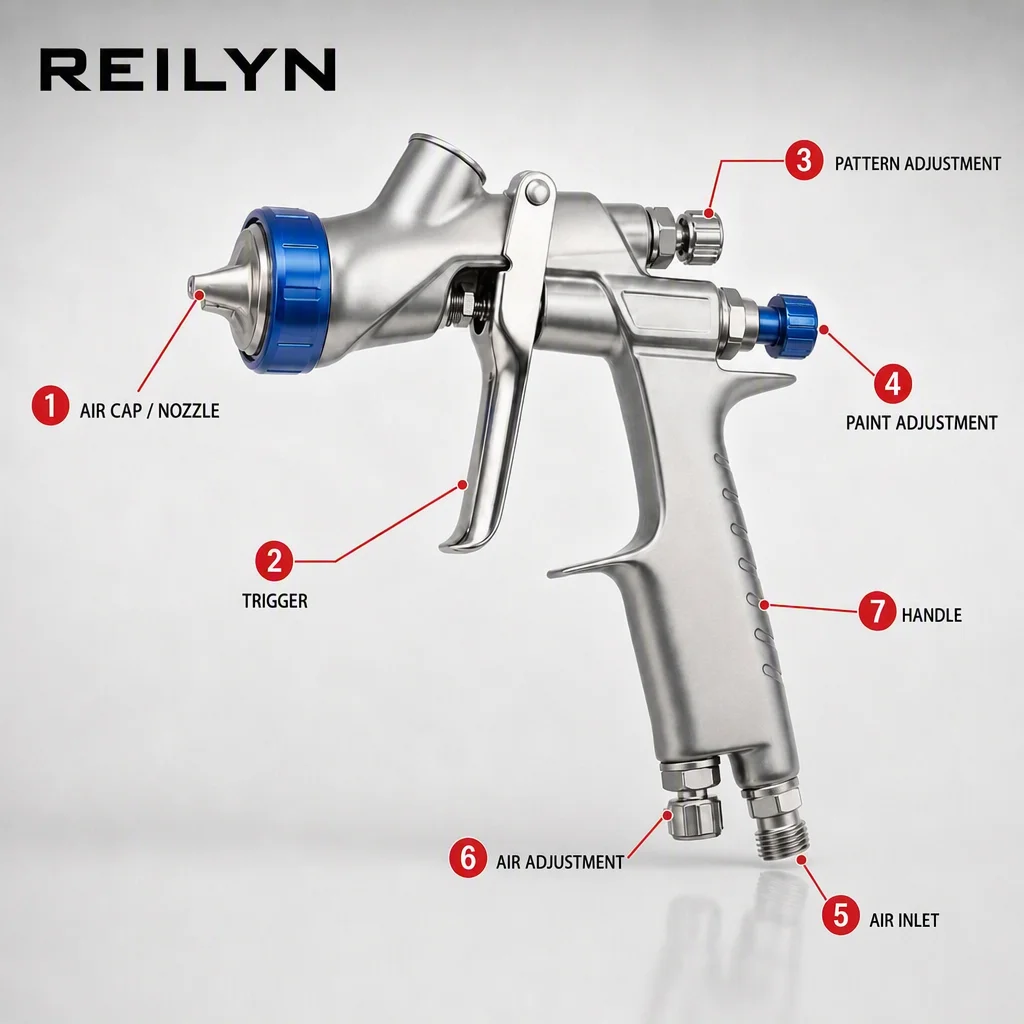 Reilyn Pneumatic Spray Gun Gravity Feed 0.8/1.3/1.5/1.8mm Nozzle Stainless Steel Spray Gun for Cars Furniture Painting
